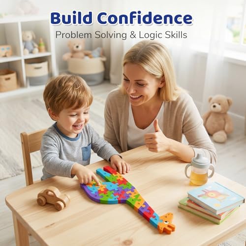 LovesTown Wooden Puzzles for Kids, Double Sided Giraffe Jigsaw with Alphabet & Numbers, Montessori Educational Toy for Toddlers, Chunky Animal Gift (Pack of 2) - Image 6