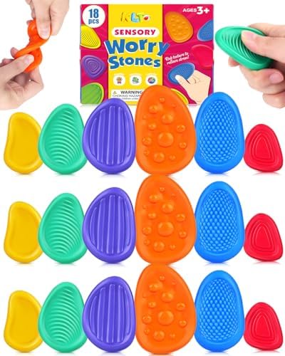 Fidget Toys Sensory Stone for Kids: 18 Pack Bulk Textured Worry Stone for Autism Calming - Quiet Fidgets for Classroom Students Prizes - Small Goodie Bags for Back to School Supplies Gifts by KLT