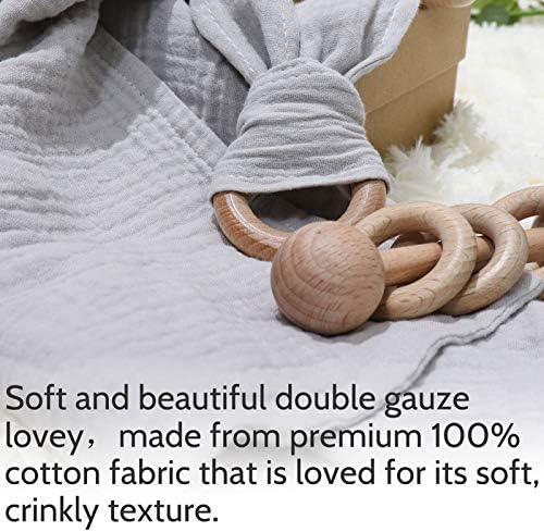 Baby Lovey, Wood Rattle, Teether Ring, 3 Pack Montessori Gift, Gray, Cotton, Double Gauze, Baby Shower, Gender Neutral Gift - Image 5