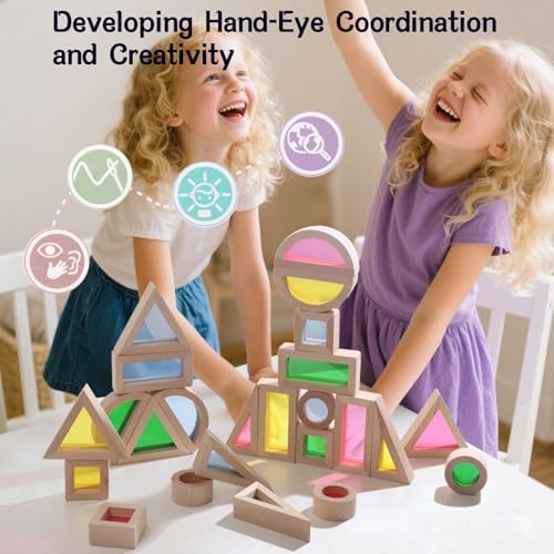 Dinhon 24-Piece Acrylic Montessori Blocks for 18+ Months -Rainbow Stacking Toy, Non-Toxic Wooden Framed Geometric Blocks for Early STEM Learning & Sensory Play, Ideal Gift for Boys/Girls - Image 2