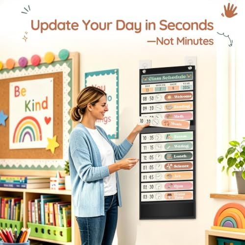 AKAYOK Boho Daily Schedule Pocket Chart, 13+1 Pocket Visual Schedule for Kids, Includes 24 Reusable Dry-Erase Cards, Daily Planner with Hourly Schedule for Classroom, Office, Home, School Activities - Image 7