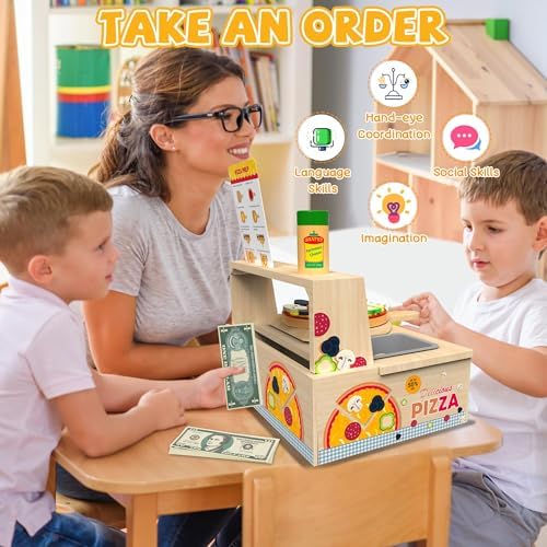 WOODMAM Wooden Pizza Toy, 48 PCS Montessori Pretend Play Food for Ages 3+ - Image 5