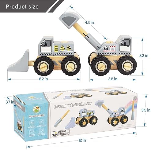 Construction Vehicles for Toddlers, 2 Pcs Wooden Detachable Assemble Bulldozer and Excavator, Kids Vehicle Toys Hand Push Car Toys for 3 Years Old Boys Girls - Image 4