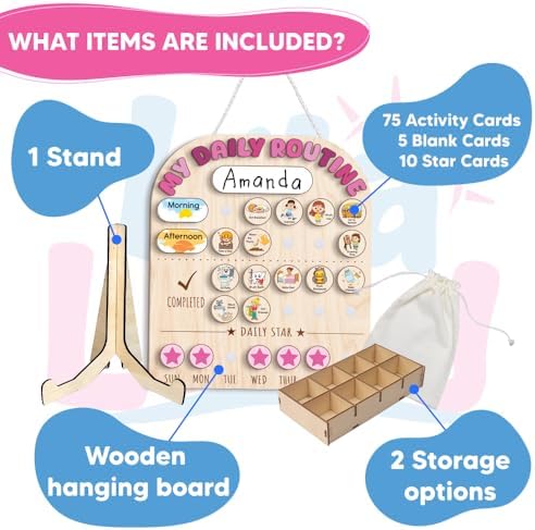 Wooden Daily Routine for Kids, Chore Chart for Toddler, Daily Responsibilities for Kids, Visual Schedule, Morning Bedtime Routine for Girls - Image 2