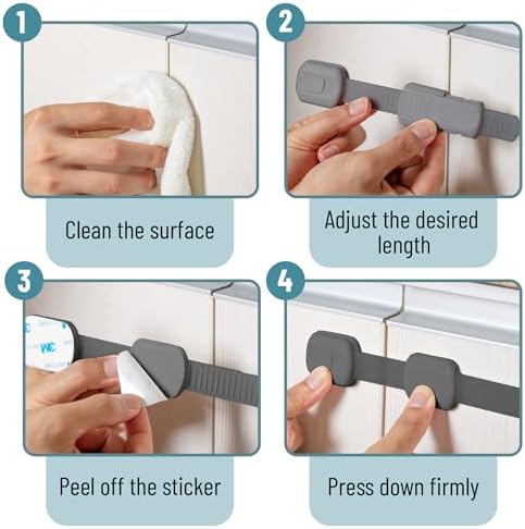 Bates- Child Safety Strap Locks, 6 Pack, Gray, Baby Cabinet Locks - Image 5