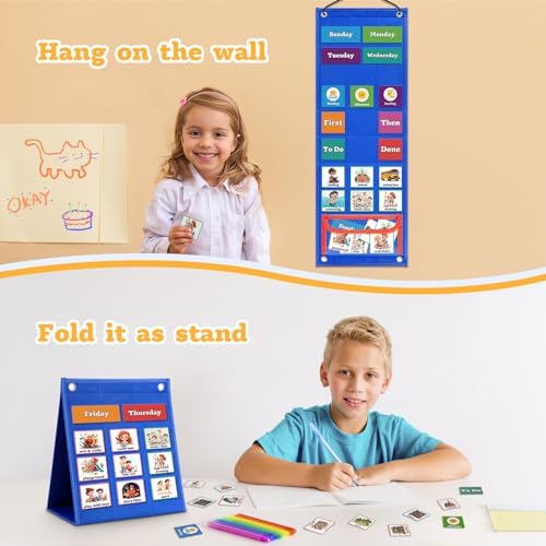 PITCOTT Visual Schedule for Kids Chore Chart，103 Daily Schedule Board Routine Pocket Chart Cards for Toddlers,Autism Learning Material Tool Wall Planner for Home School with 3 in 1 Cards Gift for Kids - Image 6