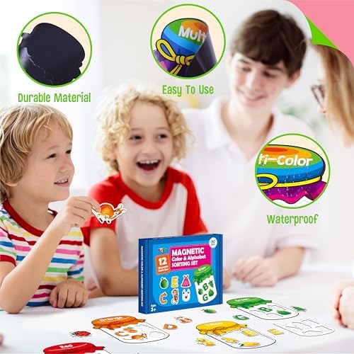 12 Pieces Magnetic Color Sorting Jars, 60 Color & Letter Magnets for Fridge Whiteboard, Early Educational Sorting Toy Set, Alphabet A-Z Learning Tool for Baby Toddlers Kids - Image 7