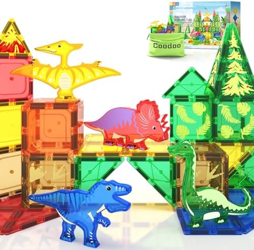 Dinosaur Toys Magnetic Tiles - Magnet Building Blocks for Toddler Kids 3+ by Coodoo