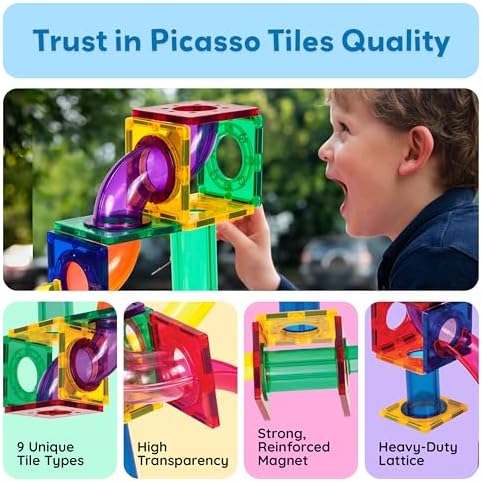 PicassoTiles 100 Piece Marble Run Magnetic Tiles Race Track STEM Ages 3+ - Image 6