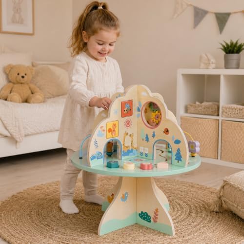Wooden Activity Table for Toddlers - Forest Animal Multifunctional Play Center with Gears, Shape Sorters, Bead Maze, Montessori Educational Toy, Fine Motor Skills Toy for Babies 12+ Months - Image 4