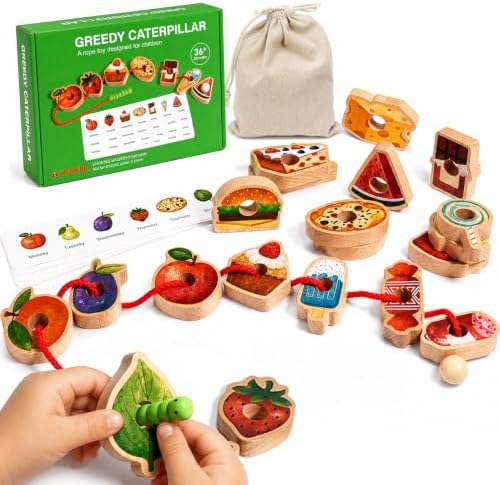 Wooden Lacing Caterpillar Threading Toy Beads Sequencing Set,Gift for 2yrs+ by SZWEEDORY