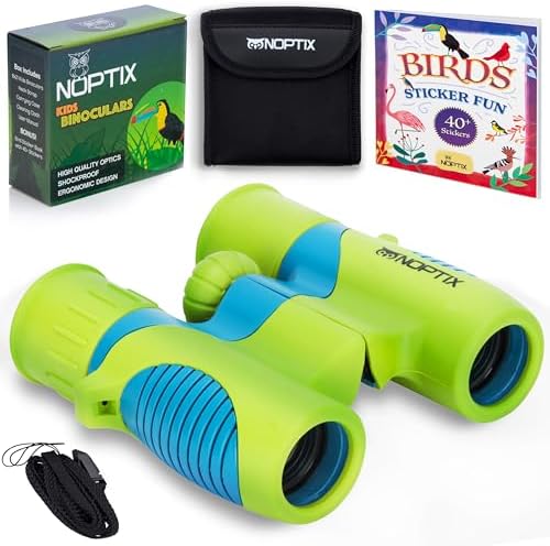 Binoculars for Kids, Girls or Boys Real Kids Binoculars in Vibrant Green Blue - Includes Sticker Book with 40 Bird Species - Small Toys for Toddlers by CabinObsession