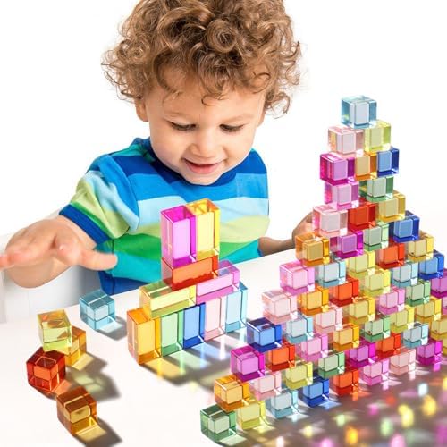 30 Pcs Mixed Acrylic Blocks Set - 10 Long (2.5x2.5x5CM) + 20 Cube (2.5x2.5x2.5CM) Rainbow Gem Blocks, Sensory Stacking Toy for 1 2 3 4 Years Old, Boys Girls Gift with Rich Building Possibilities - Image 3