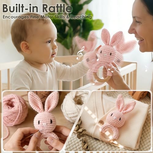Baby Crochet Rattle Toy - Hand-Knitted Animal Bunny Teether with Soft Bell, Montessori Sensory Toy for Infants 0-36 Months, Natural Wood Teething Ring, Ideal Newborn Keepsake Gift - Image 4