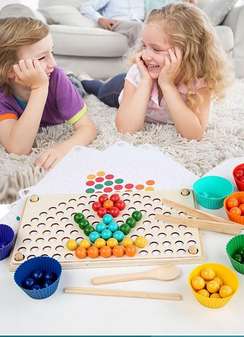 Practical Life Skill Sponging Chopsticks Tonging Job/Work, Wooden Pegboard Beads Color Matching Game Toy, Rainbow Toy Montessori Primary Classroom, Boys and Girls Gift 3 Years & up - Image 3