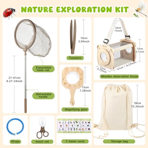 GAGAKU Wooden Bug Catcher Kit for Kids 4-8, 9PCS Outdoor Nature Exploration Set with Expandable Butterfly Net, Magnifying Glass, STEM Learning Game Cards, Educational Catching Toy for Backyard Camping - Image 4