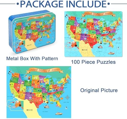LELEMON Puzzles for Kids Ages 4-6,USA Map 100 Piece Puzzles for Kids Ages 4-8 in a Metal Box,Educational Jigsaw Puzzles 100 Piece Puzzle Games Puzzle Toys for Girls and Boys - Image 7