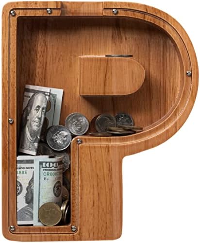 ladenk 12 Inch Extra Large Wooden Kids Letter Piggy Bank - Piggy Bank for Boys Girls - Initial P Bank - Alphabet Money Bank for Birthday by Ladenk