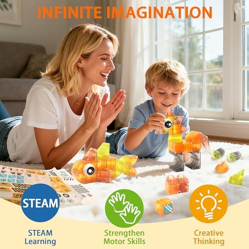 74PCS Engineering Series Magnetic Tiles, Magnetic Construction Blocks - Build Excavator, Crane & Dump Truck, STEM Toys Gift Box for Ages 3-7 Boys Girls - Image 6