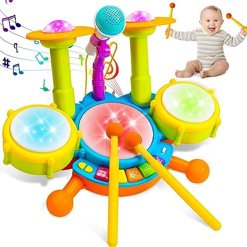 Kids Drum Set for Toddlers Musical Baby Toys Boy Gifts Montessori Baby Girl Toys with Microphone Light Up Learning Toys Birthday Gifts for Infants Toddler Age 3+ by KeysenseLifestyle