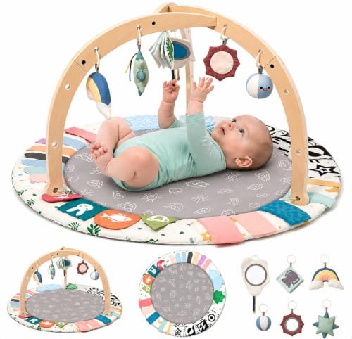 Baby Play Gym Mat with 5 Development Zones, Montessori Tummy Time Mat with 6 Detachable Sensory Toys for Motor Skills Development, Newborn Activity Gym for Babies, Easy Clean, Baby Essentials Gift by GentleMonster