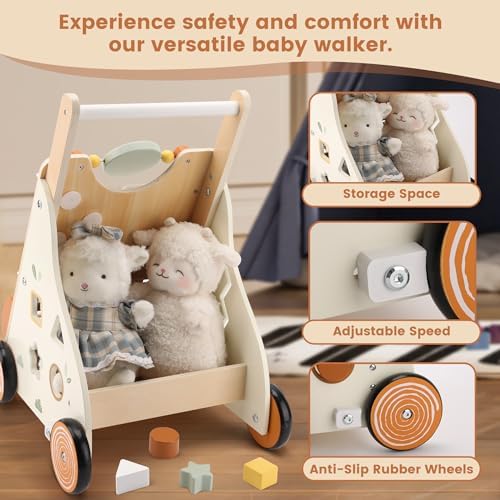 Pithfor Wooden Baby Walker, Baby Push Walker with Activity Center for Girls Boys, Montessori Push Walker Toys for Babies Learning to Walk, Sit-to-Stand, for 10-12 Months 1 2 3 Years Old - Image 5