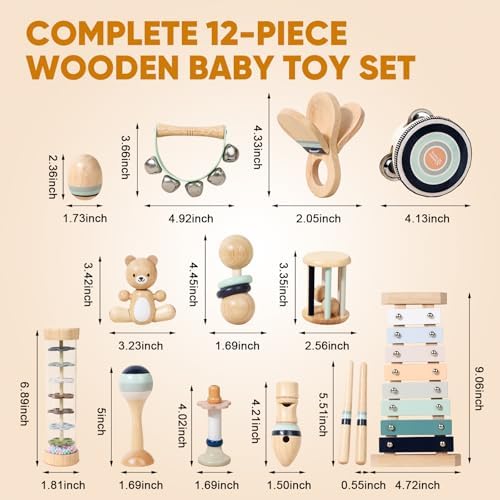 12 PCS Wooden Baby Musical Instruments Set, Montessori Style Sensory Percussion Toys for Toddlers 1-3, Non-Toxic Natural Wood Shakers & Rattles, Early Learning Educational Gift for Infant Boys Girls - Image 7
