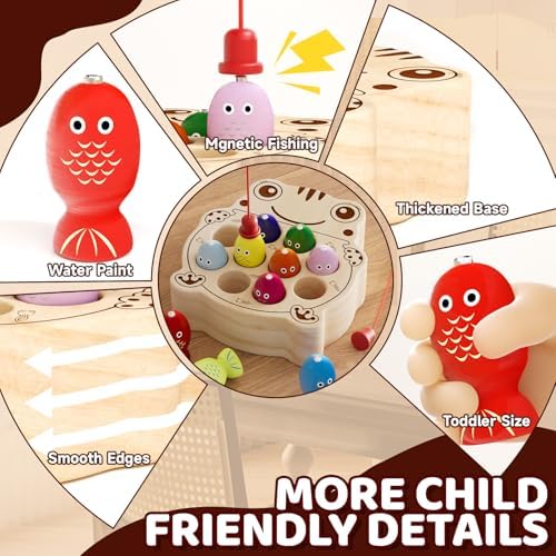 Wooden Magnetic Fishing Game for Toddlers 1-3, Montessori Sensory Busy Board Fine Motor Skills Toys for 1 2 3 Years Old Boys Girls (Frog B-Fish Game) - Image 3