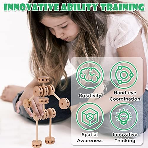 Wooden Building Blocks 60PCS Montessori STEM Toy for Kids 6+, Natural Wood Splicing Joints and Sticks Educational Sensory Tinker Creative 3D Playset Stacking Game (Pack of 2) - Image 2