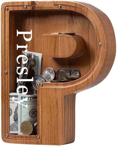 Personalized Large Wooden Kids Letter Piggy Bank - (Laser Engraved) Custom Piggy Bank for Boys Girls - Wooden Banks with Initials - Alphabet Money Box Bank Birthday Letter P Bank by Ladenk