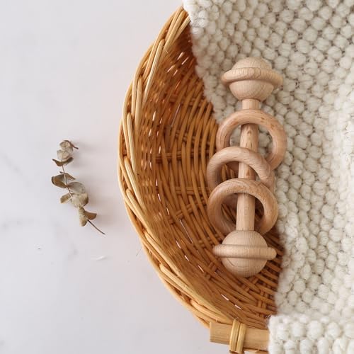 Wooden Baby Rattle, Newborn Wooden Rattle Toy, Natural Wooden Montessori Baby Grip 3 Ring Toy, Baby Gift Toy, Wood Rattle-2 - Image 2