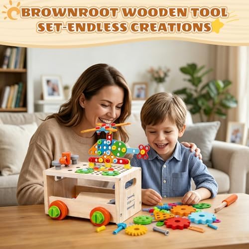 Wooden Toddler Tool Bench with Electric Toy Drill & Pull-Along Storage Cart - Image 6