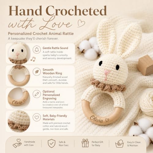 Personalized Crochet Animal Rattle, Custom Engraved Wooden Baby Toy - Image 4