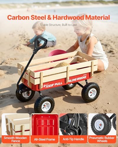 VEVOR 39 inch Pull Along Kids Wagon, Red Rolling Cargo Toy Wagons for Kids, Outdoor Utility Cart for Garden Beach Camping with All Terrain Wheels for Child Present, Supports up to 330 lbs - Image 3