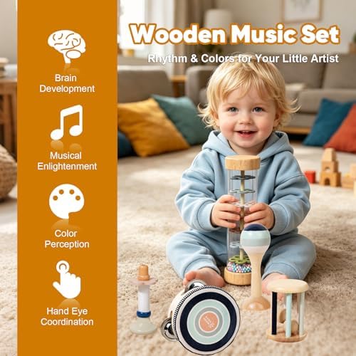 12 PCS Wooden Baby Musical Instruments Set, Montessori Style Sensory Percussion Toys for Toddlers 1-3, Non-Toxic Natural Wood Shakers & Rattles, Early Learning Educational Gift for Infant Boys Girls - Image 5