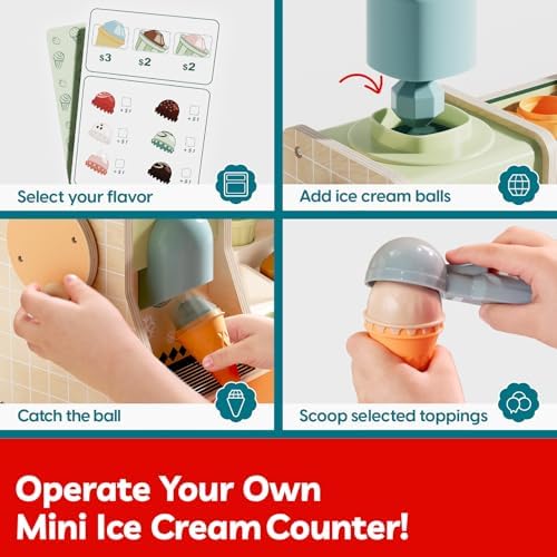 TOP BRIGHT Wooden Ice Cream Set with Scoop, Pretend Play Toy Ages 3+ - Image 5