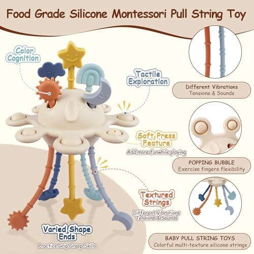 TYRY.HU Silicone Baby Sensory Montessori Toys,Silicone Pull String Fidget Toys for Babies 18 Months+, Travel Toy for Plane, Car, and Stroller, Early Educational Fine Motor Skills Toy for Toddlers - Image 2