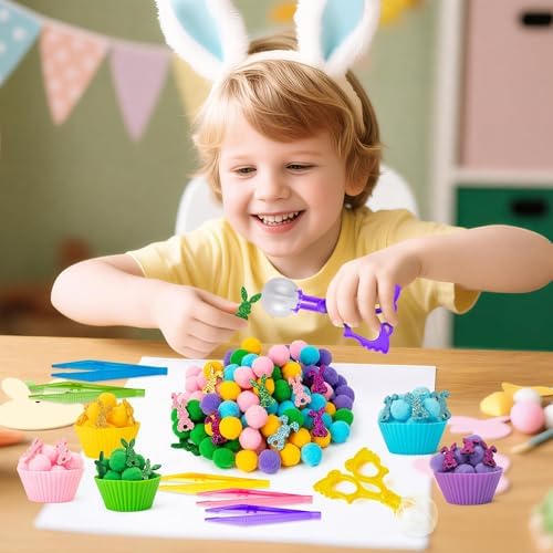 EZdhuawuse Summer Sensory Bin Fillers - 268P Summer Bunny Fine Motor Toys Rabbit Counting Sorting for Kids, Counting Toy with Shiny Bunny Pom Poms Cup Clip for Preschool Education Activities - Image 3