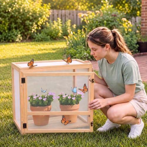 Bucherry Wooden Butterfly Habitat Cage Kit Monarch Caterpillar Enclosure with Mesh Tent & Wood Frame, Detachable Insect Observation House for Kids Outdoor Garden (20") - Image 5