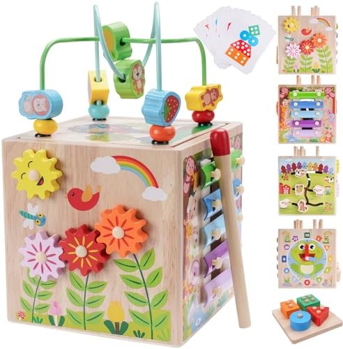 Wooden Activity Cube | Montessori Toys for 1 2 3 Year Old Toddler Gifts by KMTJT