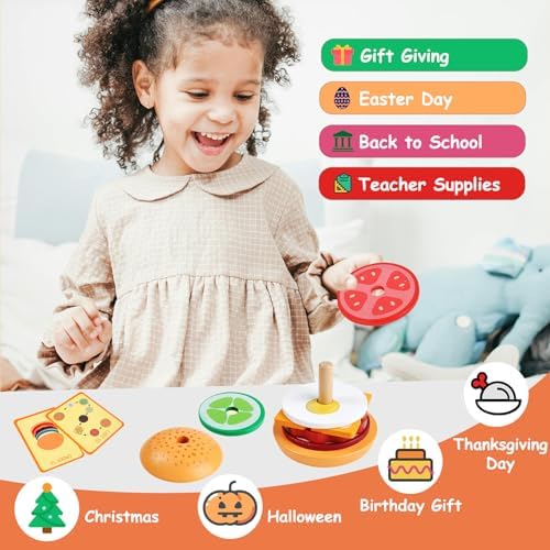 Wooden Burger Stacking Toys Montessori Toys For Toddlers Preschool Education Activity Board Game Early-Education Matching Speed Race Pretend Toy Food Back To School (Burger) - Image 4
