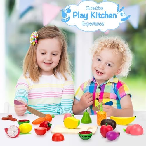 Wooden Play Food for Toddlers, Fruits & Veggies Toy for Kids Play Kitchen - Image 4