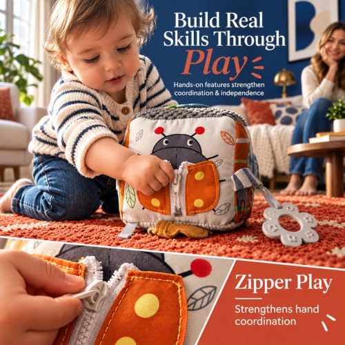Baby Activity Cube Toy 8-in-1 for Babies 6-12 Months | Montessori Sensory Cube with Mirror, Teether, Crinkle Textures & Fine Motor Activities | Soft Busy Cube Toy for Toddler - Image 2