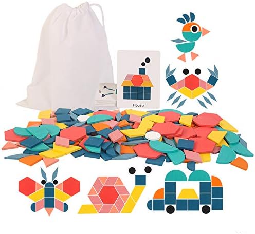 USATDD 180 Pcs Wooden Tangrams Pattern Blocks Set Geometric Manipulative Shape Puzzle Kindergarten Classic Educational Montessori Toys for Kids Toddlers Ages 4-8 with 24 Pcs Flash Cards - Image 8