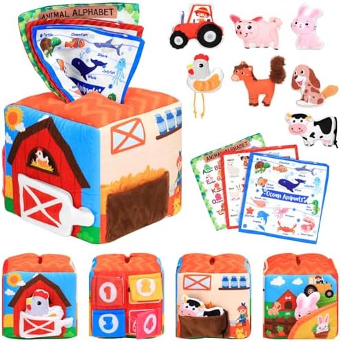Baby Tissue Box Toy Farm Crink Plush,Whats Inside Box Montessori Toys with Rattle,Crinkle,Mirror for Babies 6 9 12 18 Months Early Developmental Infant Sensory Learning Toys Newborn Gifts by MPQMPQ