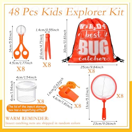 Silipull Bug Catching Kit for Kid Outdoor Explorer Kit Include Catching Scissor Tong Tweezer Clamp Bug Cage Whistle Insect Net Drawstring Bag for Boy Girl Educational Adventure Hunting (Orange,48 Pcs) - Image 2