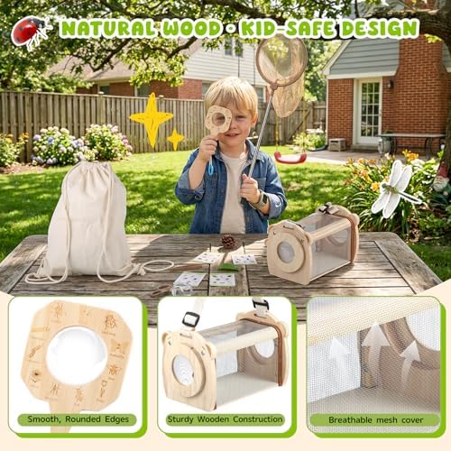 GAGAKU Wooden Bug Catcher Kit for Kids 4-8, 9PCS Outdoor Nature Exploration Set with Expandable Butterfly Net, Magnifying Glass, STEM Learning Game Cards, Educational Catching Toy for Backyard Camping - Image 5