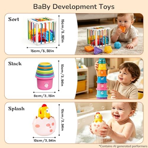 4 in1 Montessori Toys for 1 Year Old,17 Pcs Boys Girls 1st Birthday Gifts, Stacking Cups,Shape Sorter,Multi Sensory Shapes for Babies Early Educational Baby Travel Toys for Toddler 6-12 Months - Image 7