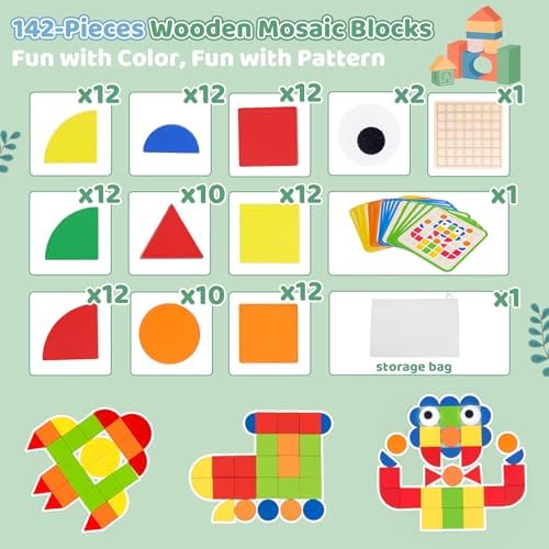 Wooden Pattern Blocks with Grid Board 142PCS Wood Mosaic Tiles Montessori Shape Puzzle Tangrams for Kids with Storage Bag Preschool Educational Toys for Boys Girls Ages 3+ - Image 3