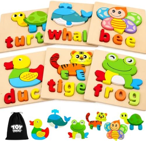 TOY Life Toddler Puzzles Ages 2-4, 6 Animals with Spelling Wooden Puzzles for Toddlers 3-5, Montessori Toys Gifts for 1 2 3 Years Old Boys Girls, Birthday Gifts Educational Learning Toys for Kids by TOYLife